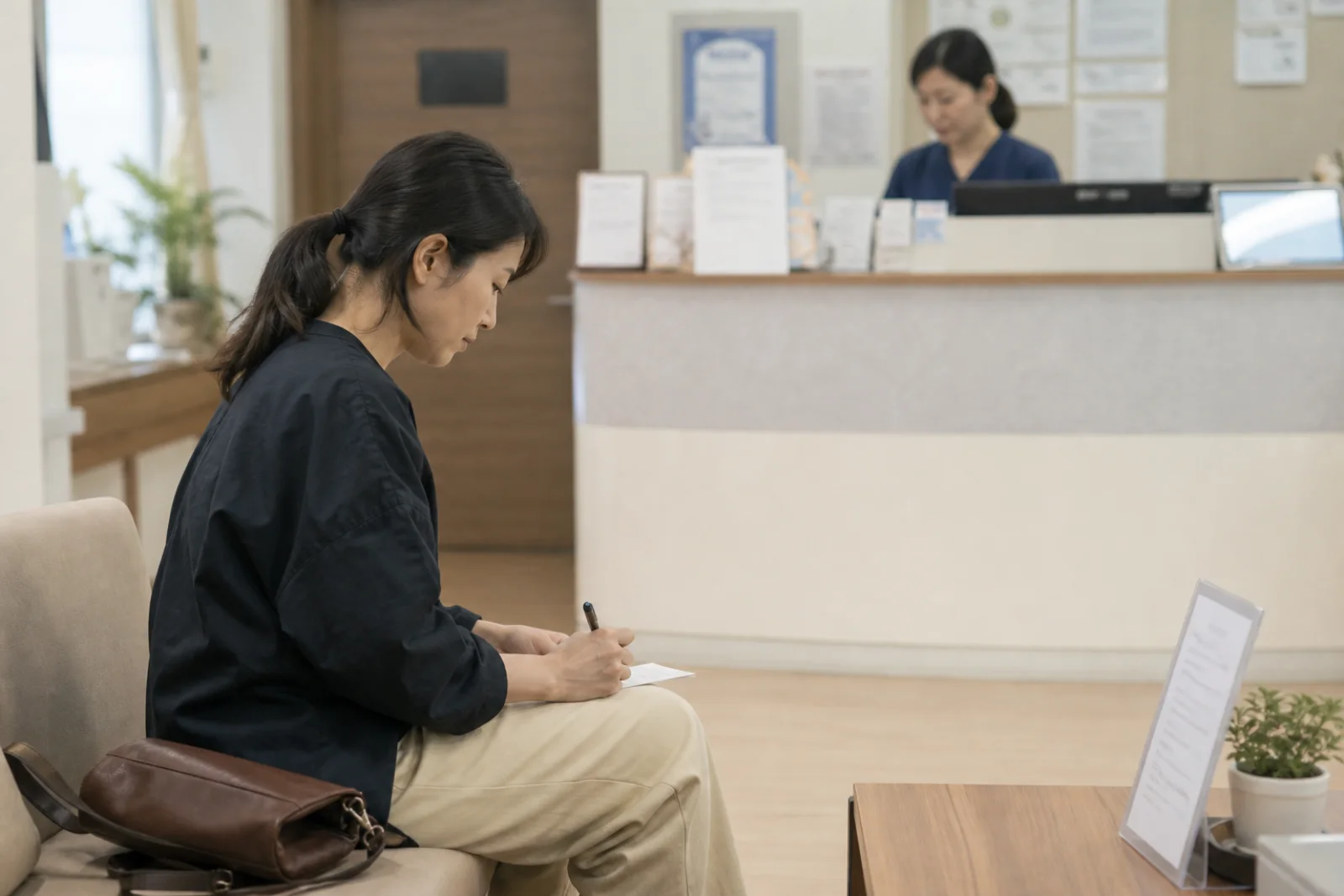A quiet Seoul neighborhood clinic reception with a visitor preparing a short note