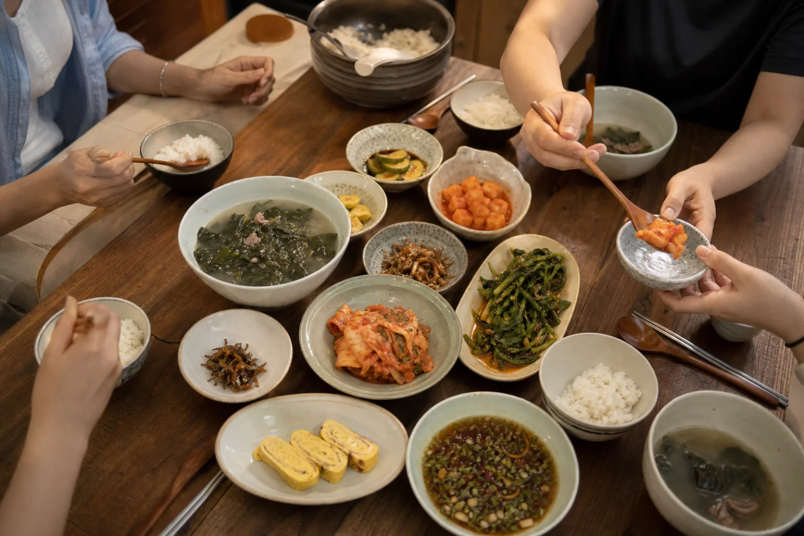 Friends sharing a modest Korean table with rice, soup, and several small dishes