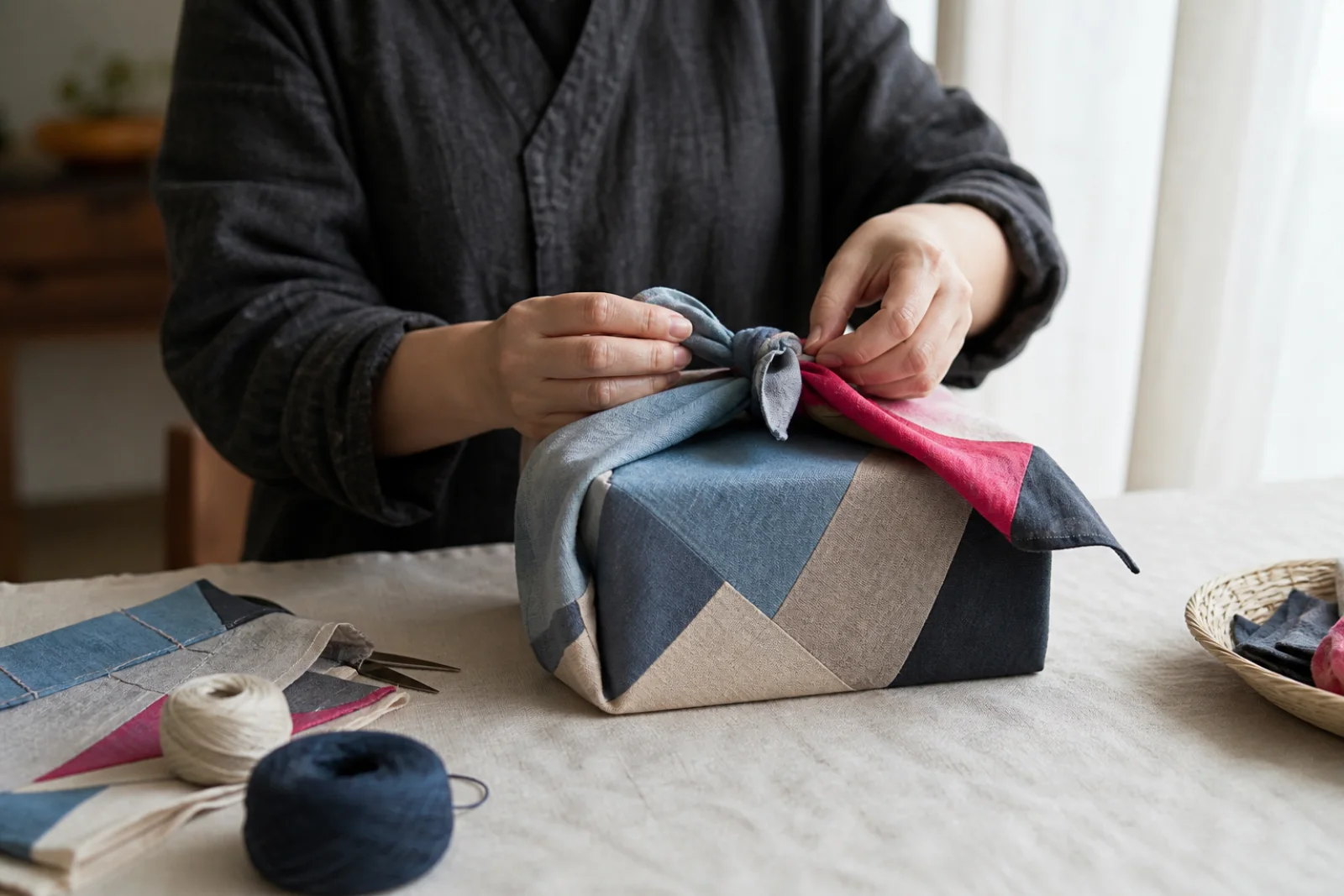 A craftsperson wrapping a small gift in a simple contemporary bojagi cloth