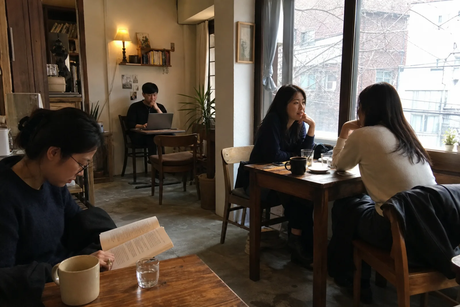 A small Seoul cafe shared naturally by a reader, friends, and a laptop user