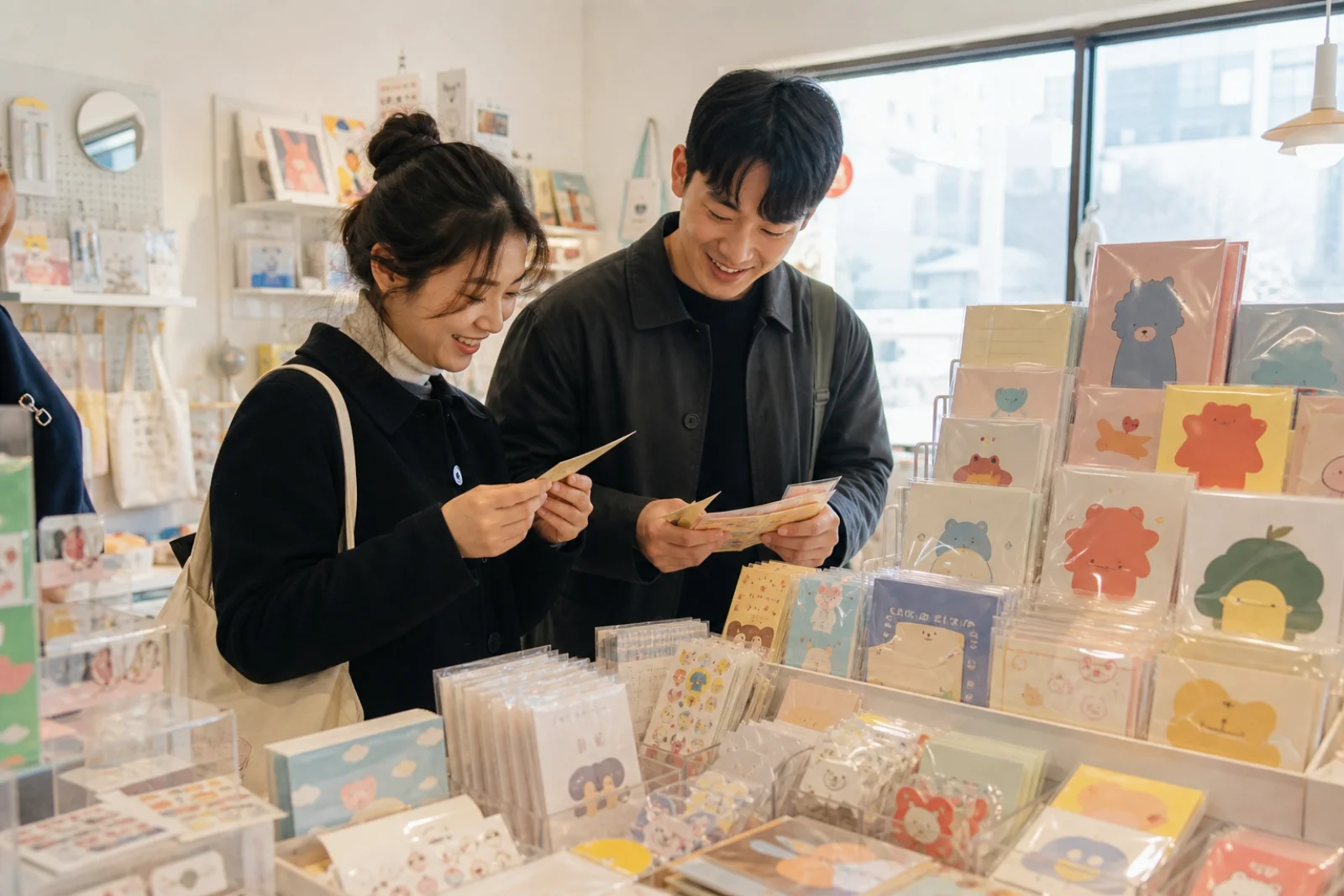 Adults browsing original character stationery at a small Seoul design shop