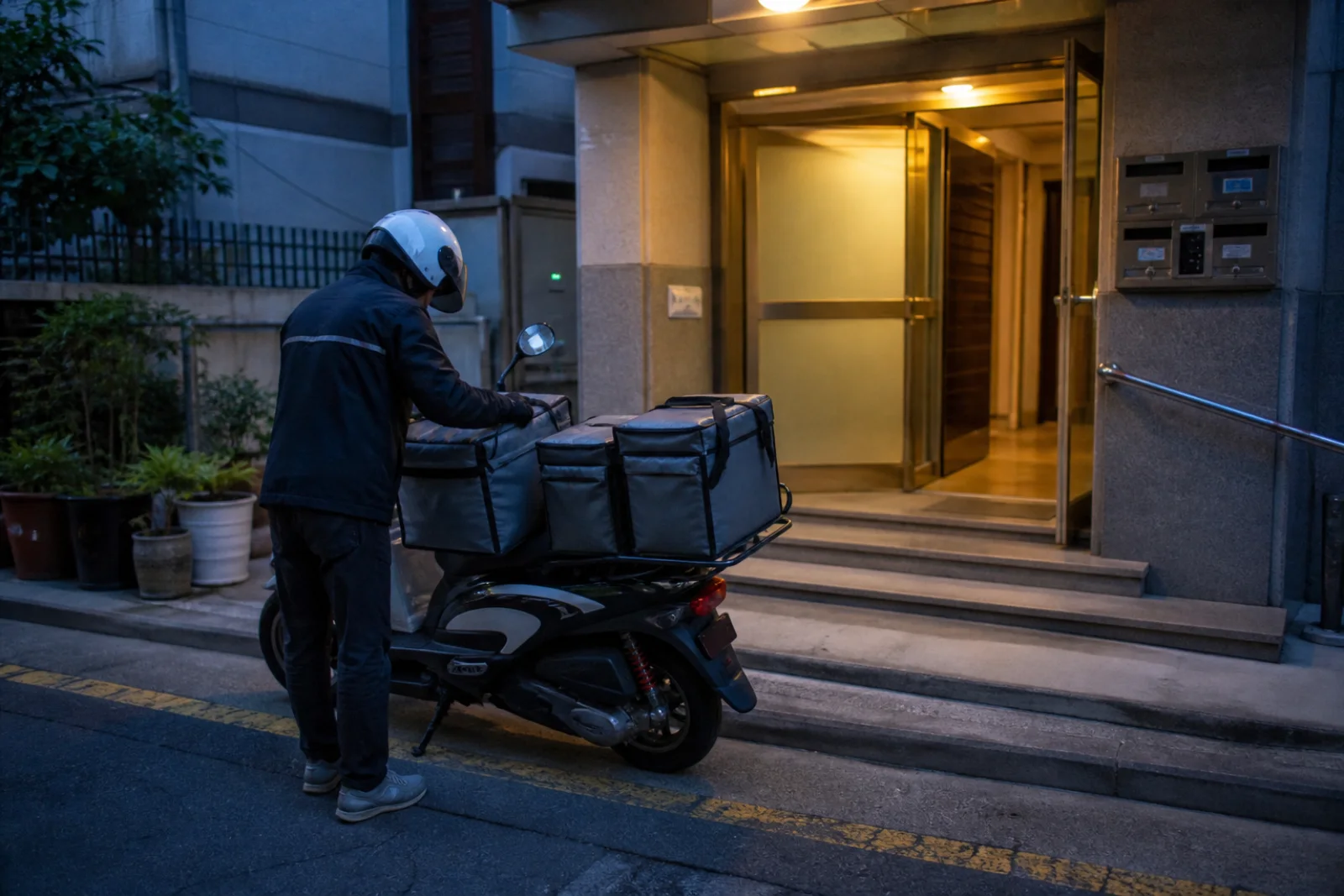 A delivery rider arranging insulated bags beside a Seoul apartment entrance at blue hour