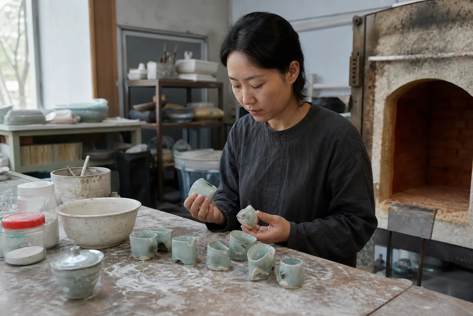A present-day ceramicist examining celadon test pieces beside a kiln