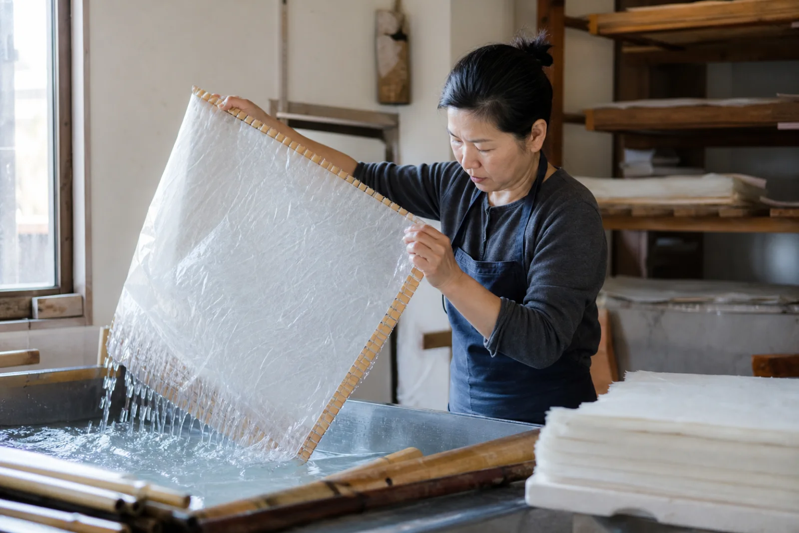 A hanji maker lifting a wet sheet in a bright contemporary paper workshop