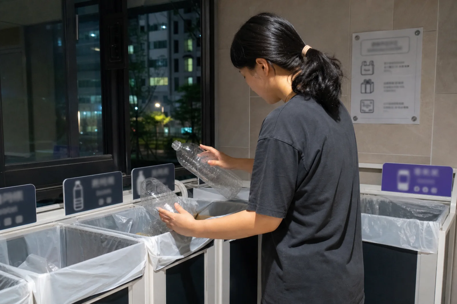 A resident carefully sorting clean household recyclables at a Seoul apartment station