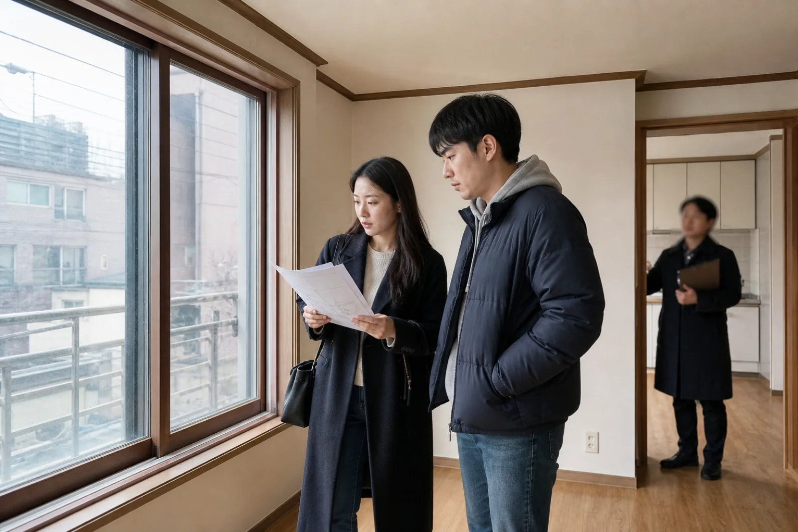 Two renters checking an apartment window and notes during a daylight viewing in Seoul