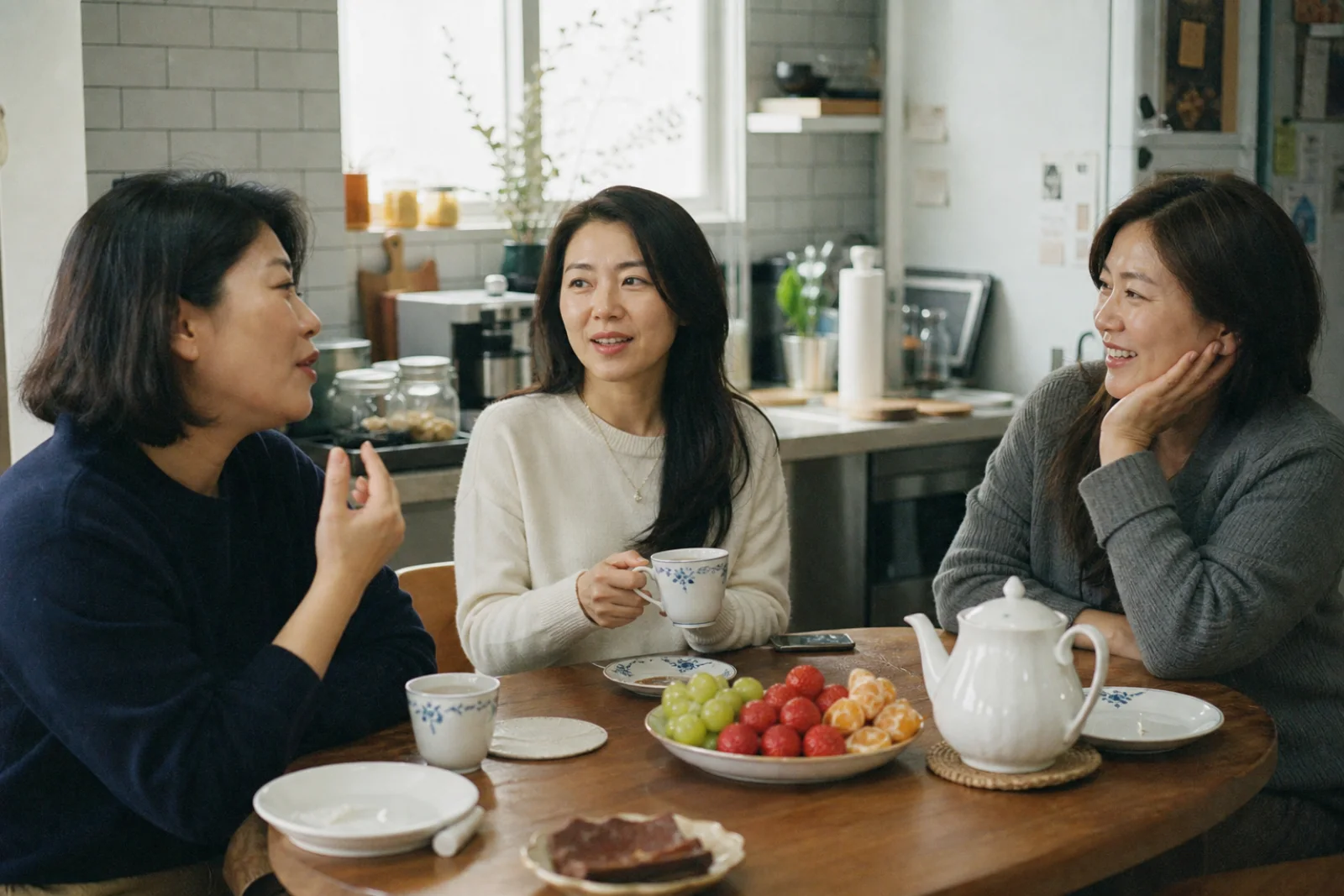 Friends of different ages talking naturally over tea in a Seoul kitchen
