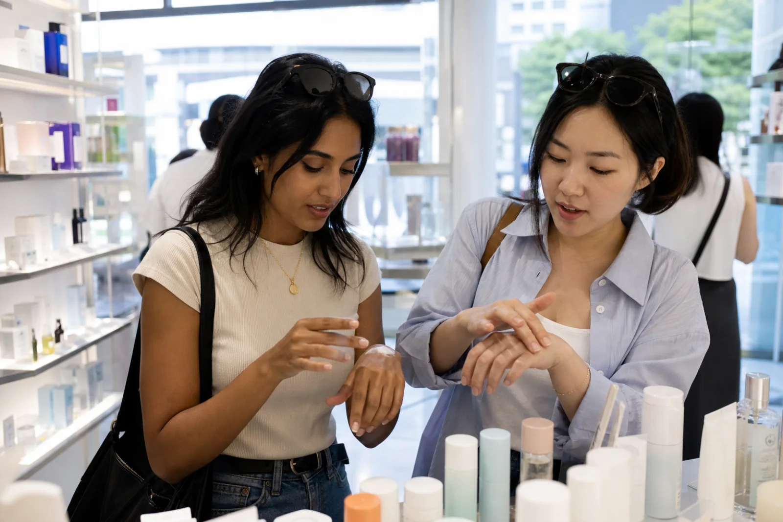 Friends casually comparing skincare textures at a bright Seoul beauty store tester table