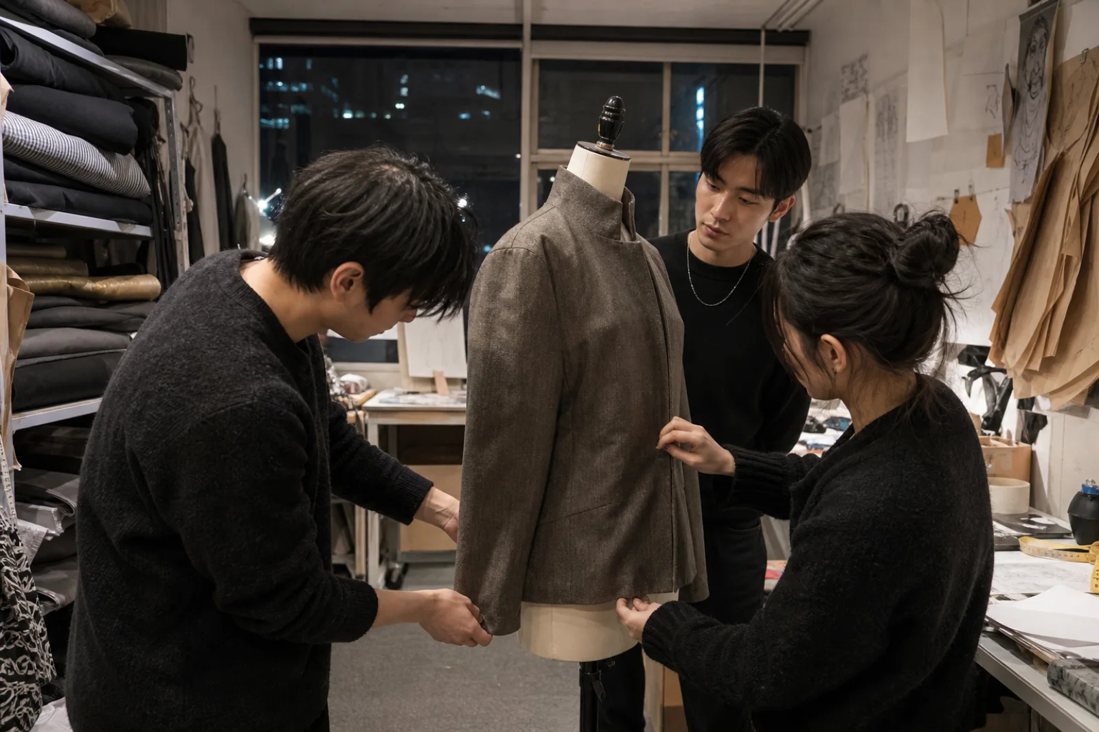 Young designers fitting an original garment in a working Seoul fashion studio