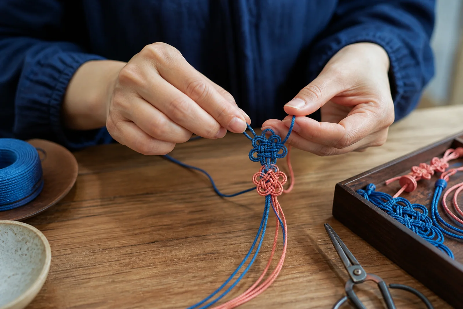 Close view of a contemporary craftsperson tying a colorful Korean decorative knot
