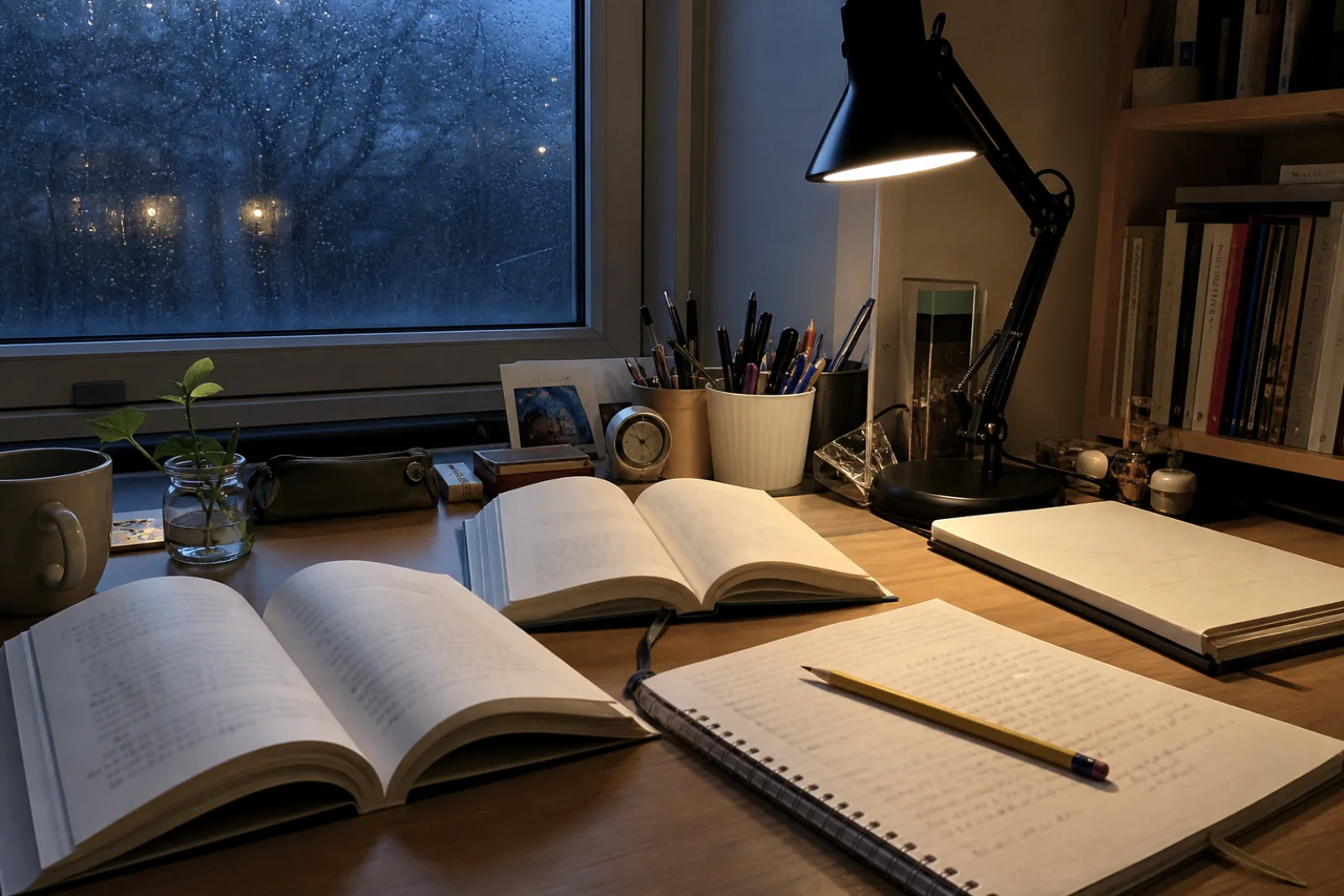 A translator working between Korean and English books at a quiet desk