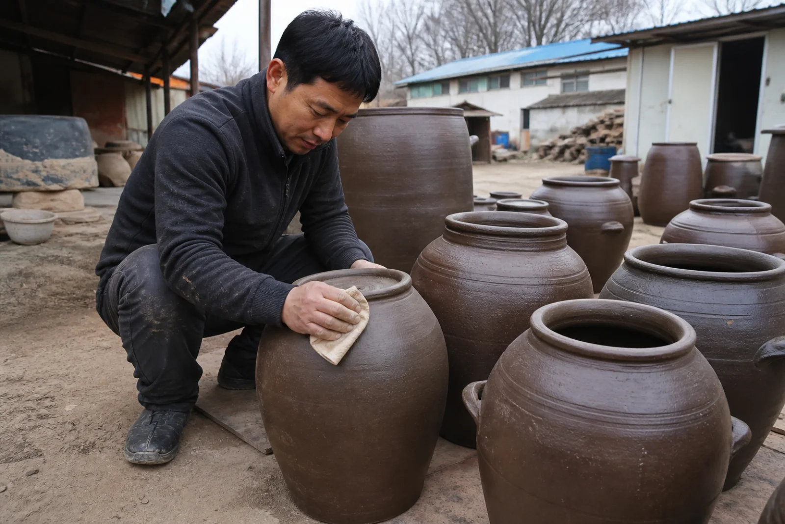 A present-day potter cleaning newly fired onggi jars in a modest outdoor workshop