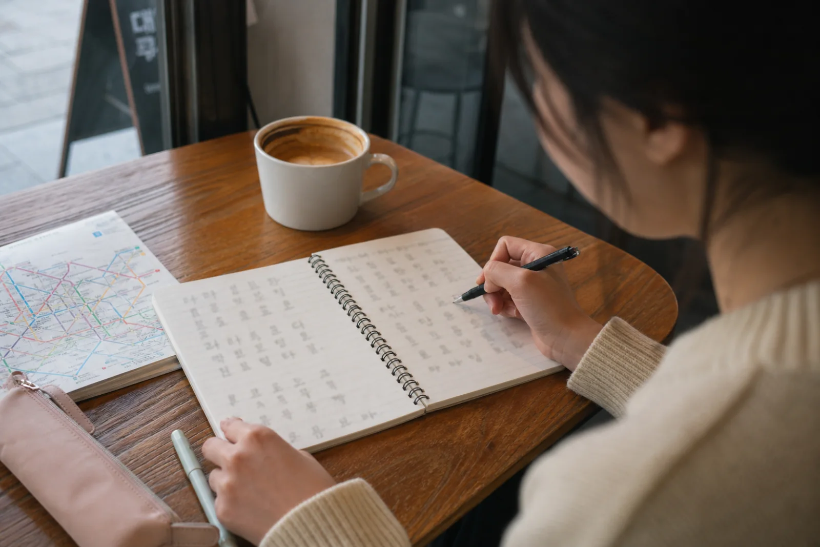 A learner practicing simple Hangul syllable blocks in a notebook at a Seoul cafe