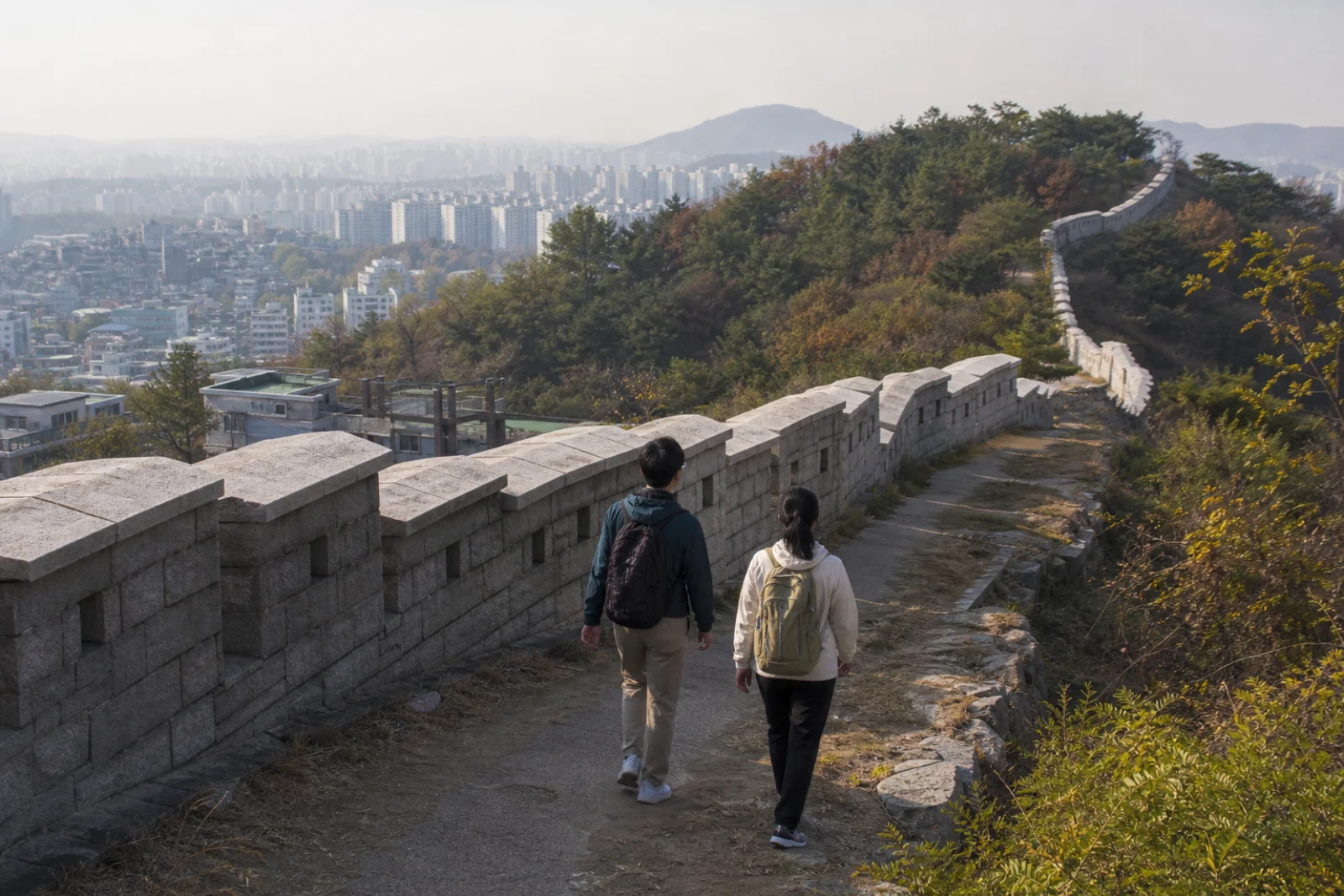 Walkers following a preserved section of Seoul's city wall with a modern neighborhood below