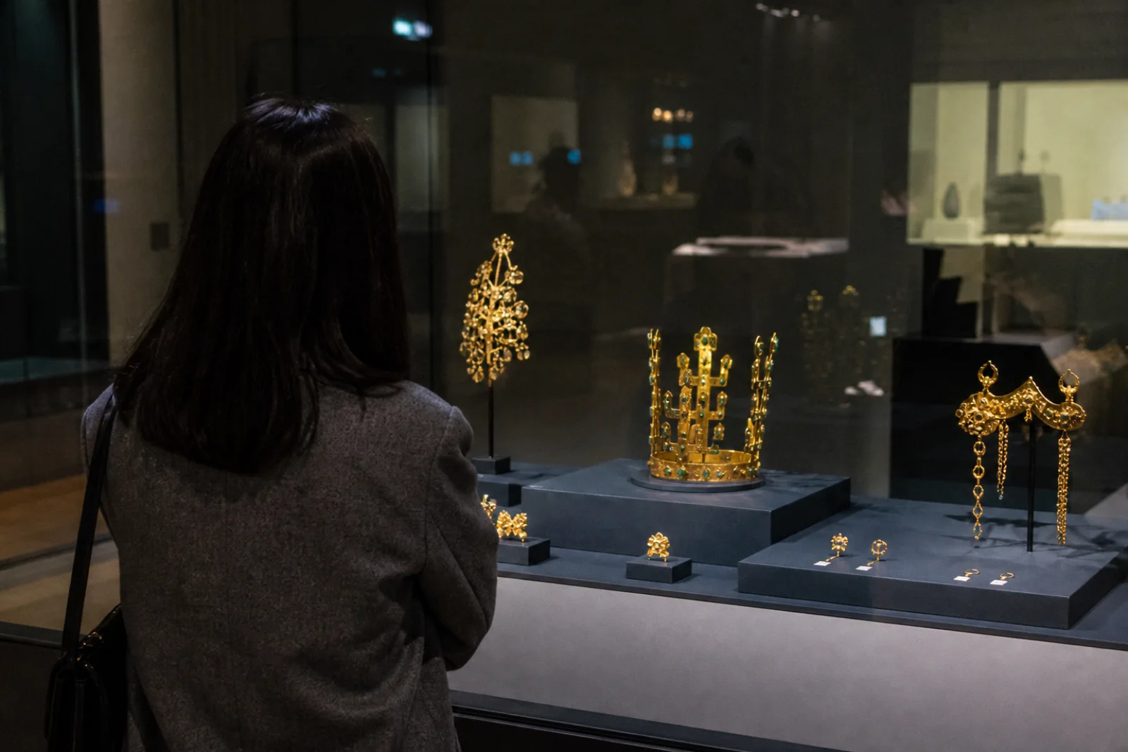 A museum visitor closely studying Silla goldwork in a contemporary gallery