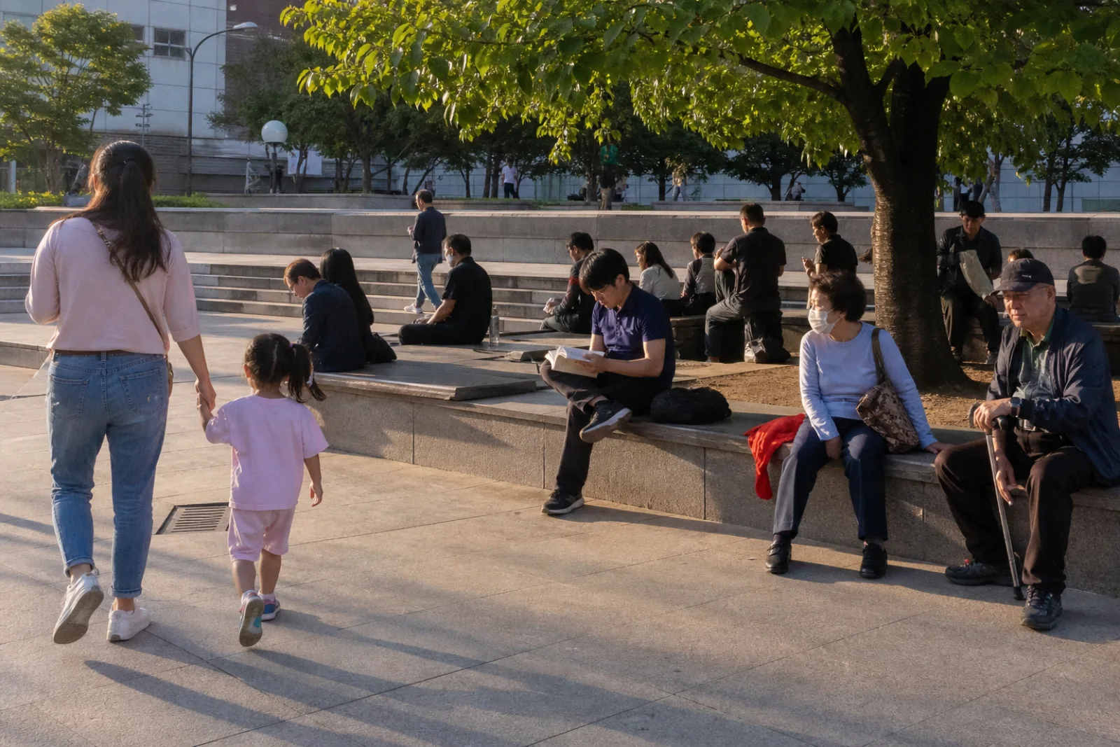 People of different ages sharing steps, benches, and shade in an ordinary Seoul public space