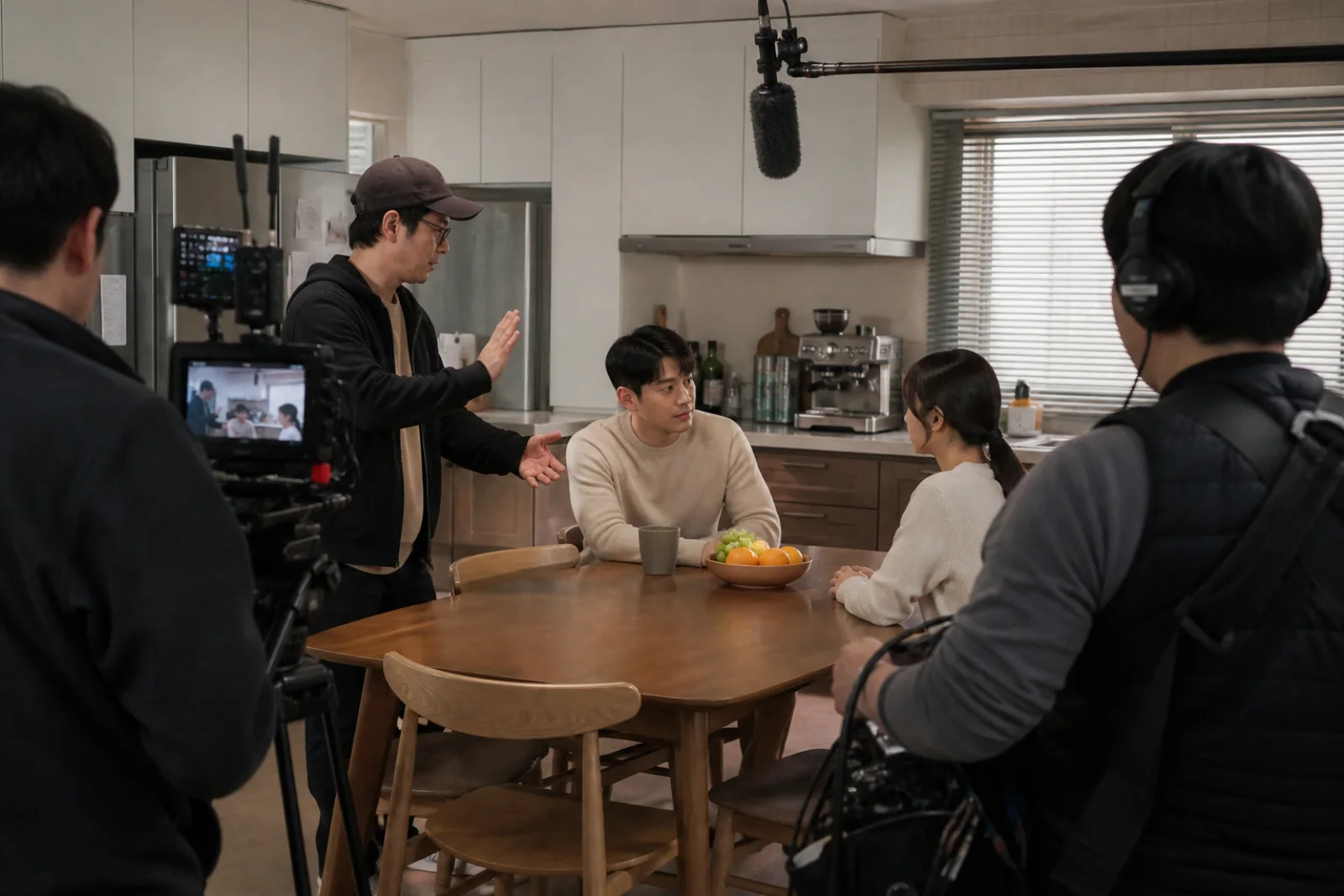 A fictional drama production crew rehearsing a quiet kitchen scene on a contemporary set