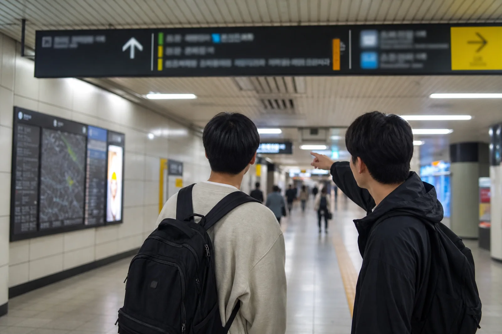 Friends checking an underground station wayfinding board before choosing an exit
