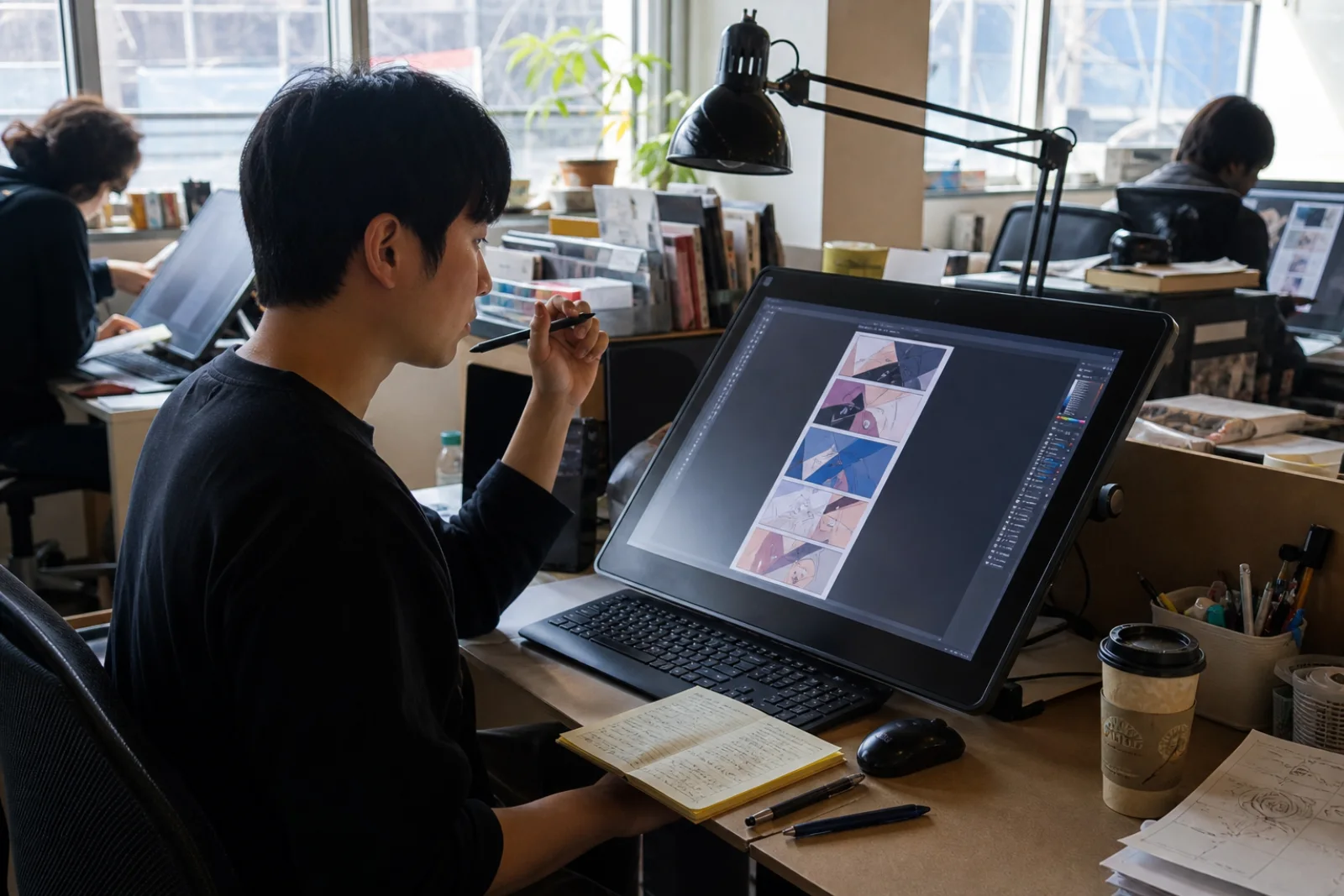 A webtoon artist reviewing a vertical sequence on a drawing tablet in a shared studio