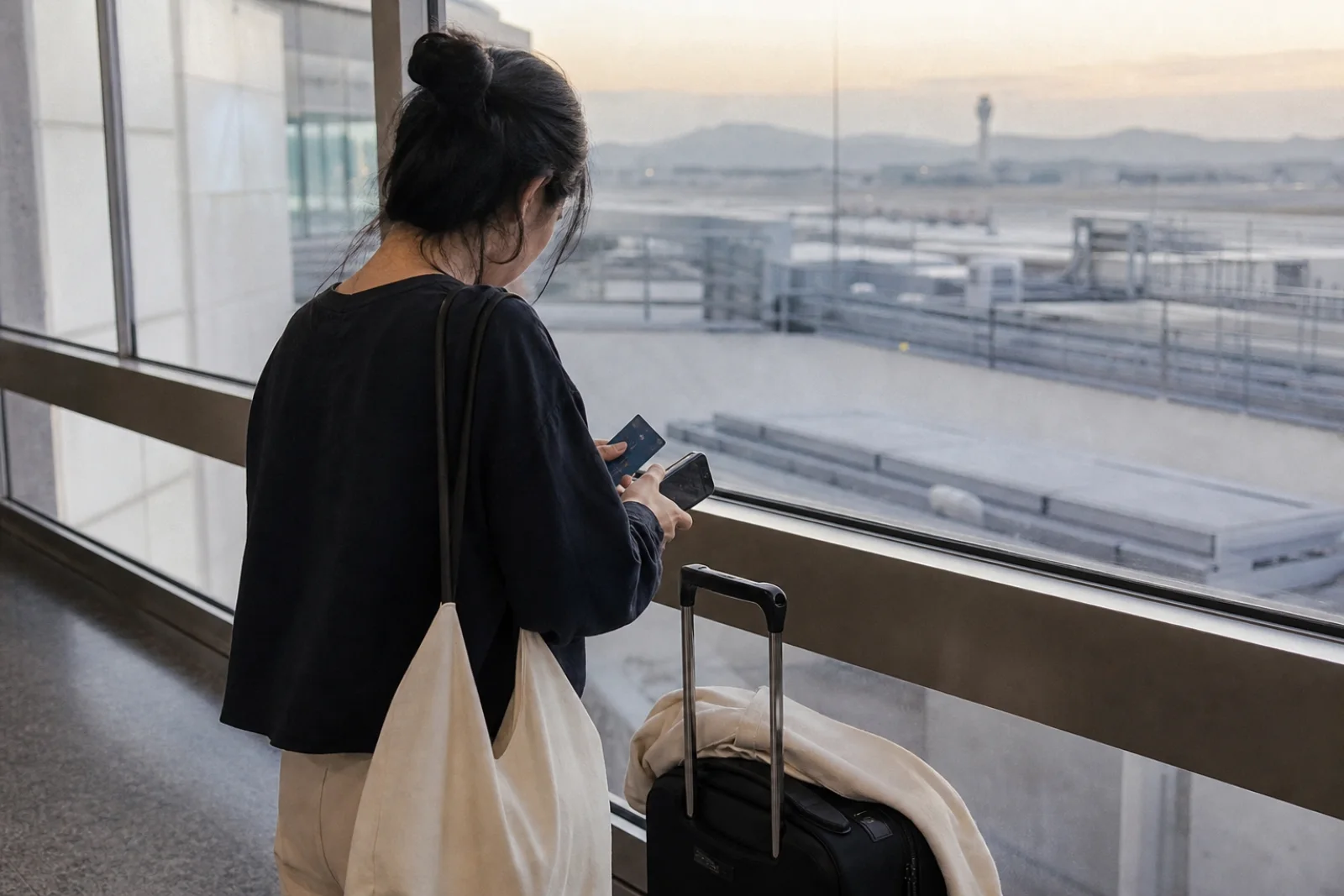 A traveler quietly organizing a transit card and phone beside a Seoul airport rail window