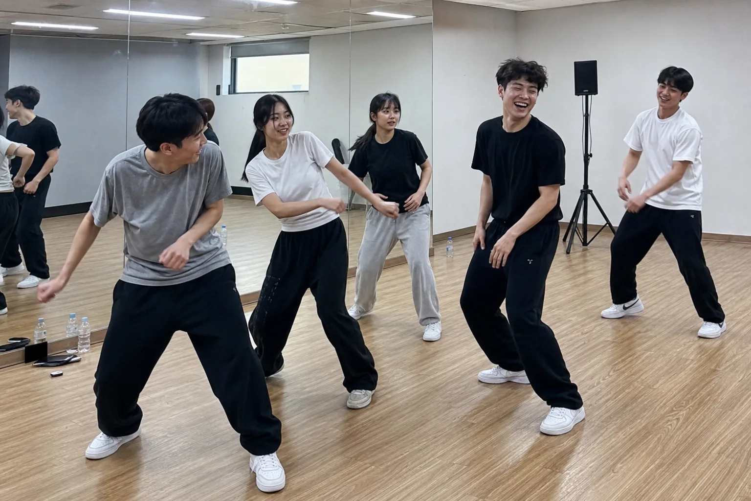 Five fictional adult dancers laughing while resetting a synchronized move in a plain Seoul practice studio