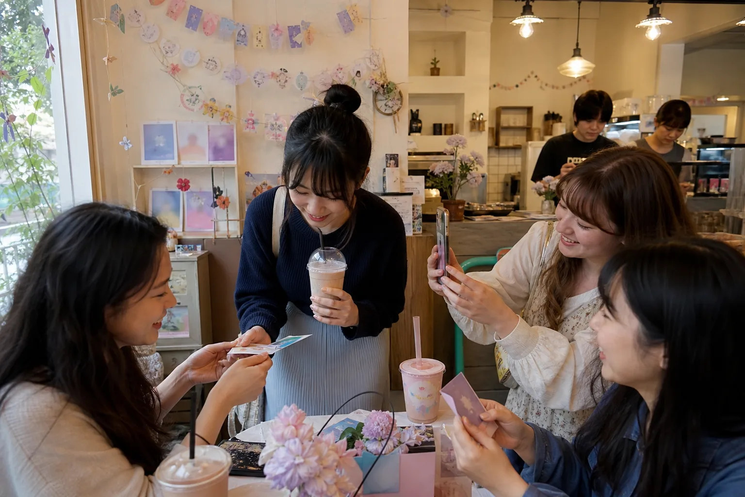 Four fictional adult fans exchanging handmade cards and taking a phone photo inside a softly decorated Seoul café