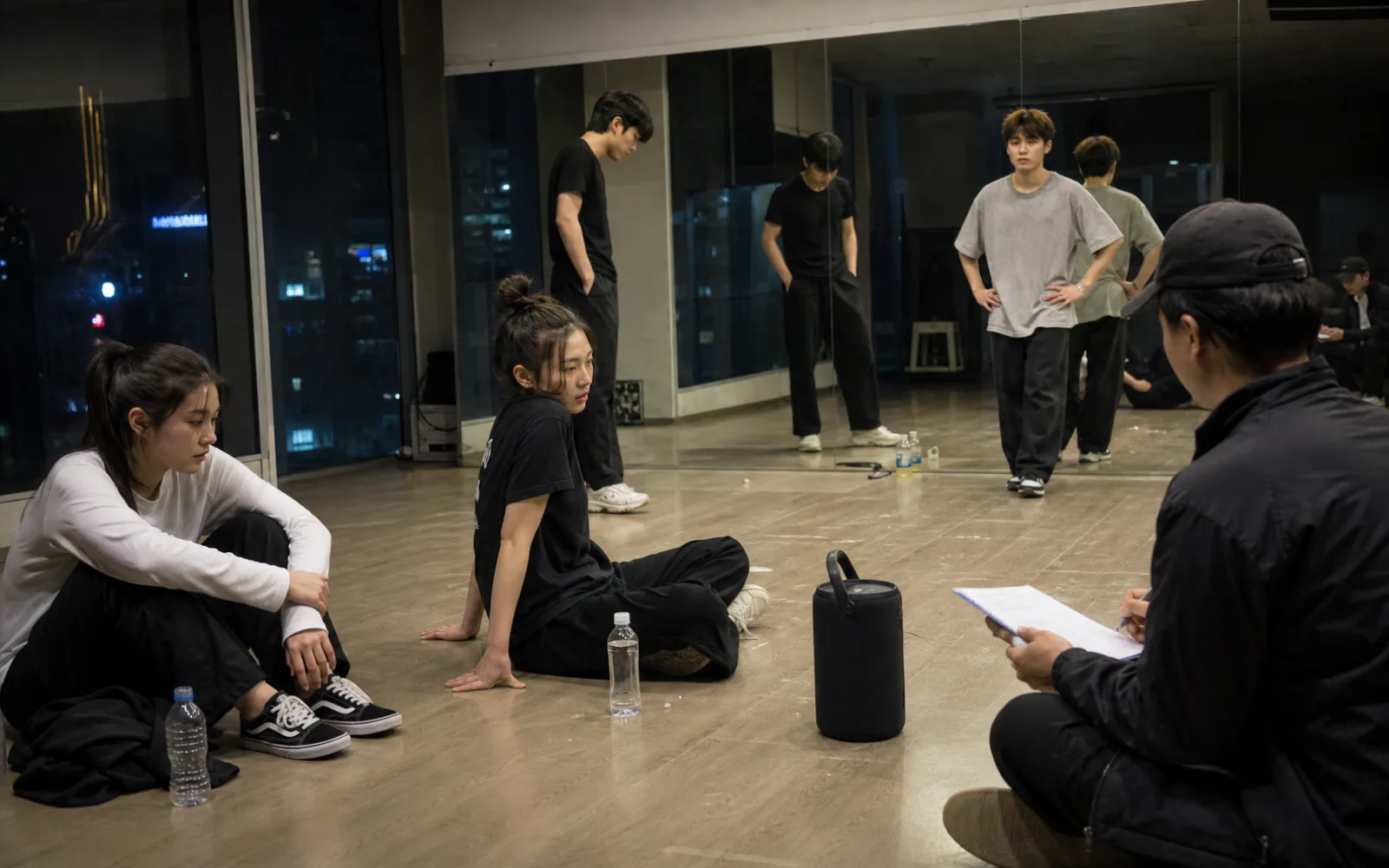 Adult Korean trainees and a coach taking a break in a Seoul dance practice room