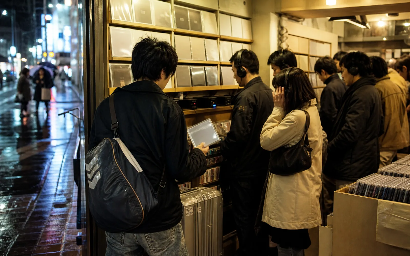Editorial reconstruction of an early-2000s Asian record shop with listeners and generic CDs