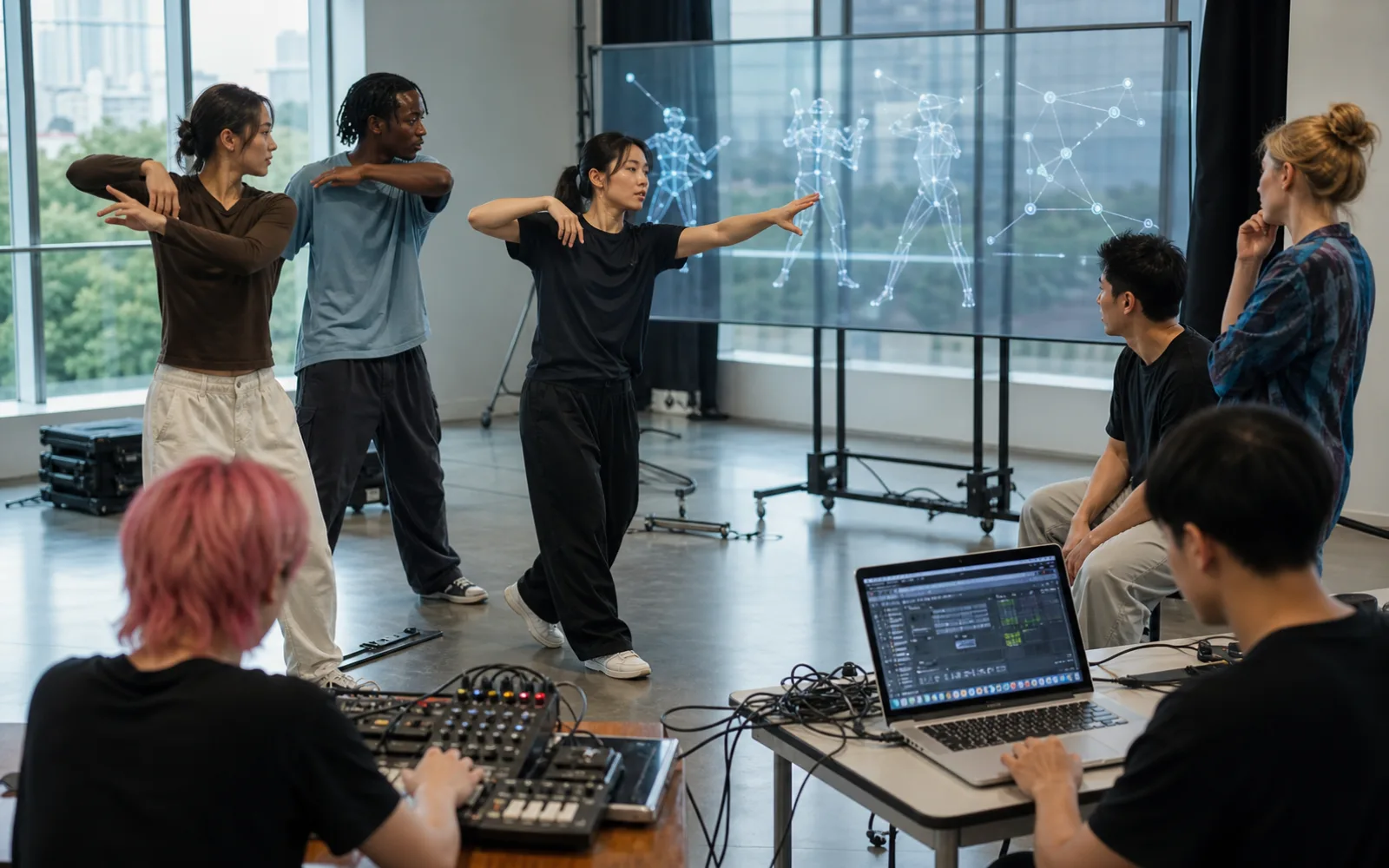 A multinational group of adult dancers and producers rehearsing with abstract motion-capture displays in Seoul