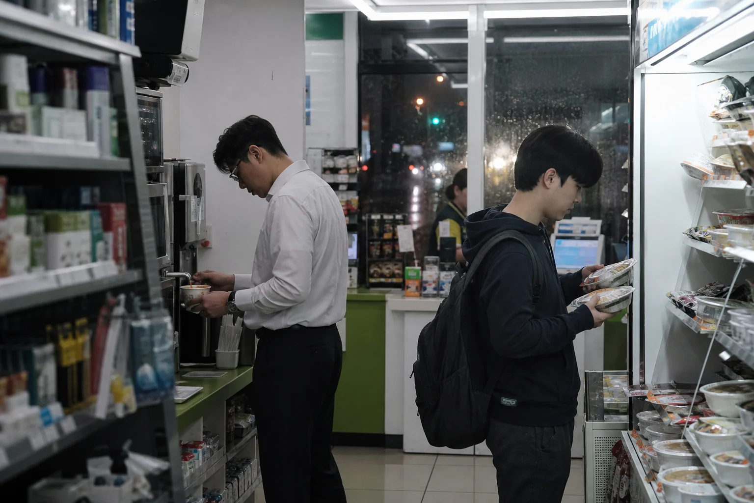 Two fictional customers preparing noodles and choosing packaged meals inside a neighborhood Korean convenience store on a rainy night