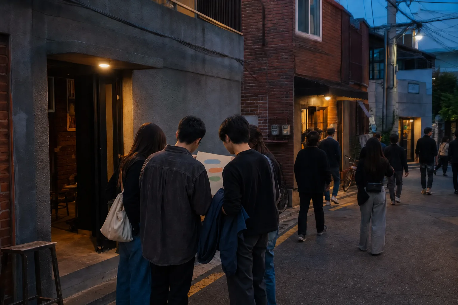 AI-generated editorial view of fictional adults comparing a blank color-marked sheet while walking between generic live-music doorways on a Seoul-like side street at blue hour