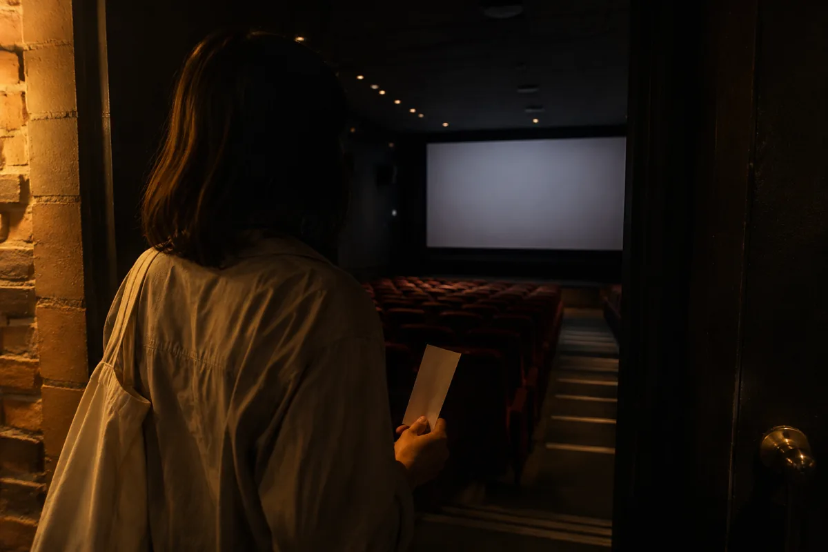 A fictional anonymous visitor holds a blank ticket while entering a generic small cinema with an empty screen