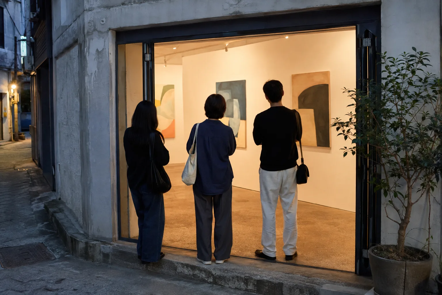 AI-generated editorial view of three anonymous visitors seen from behind at the open entrance of a small contemporary gallery on a Seoul side street