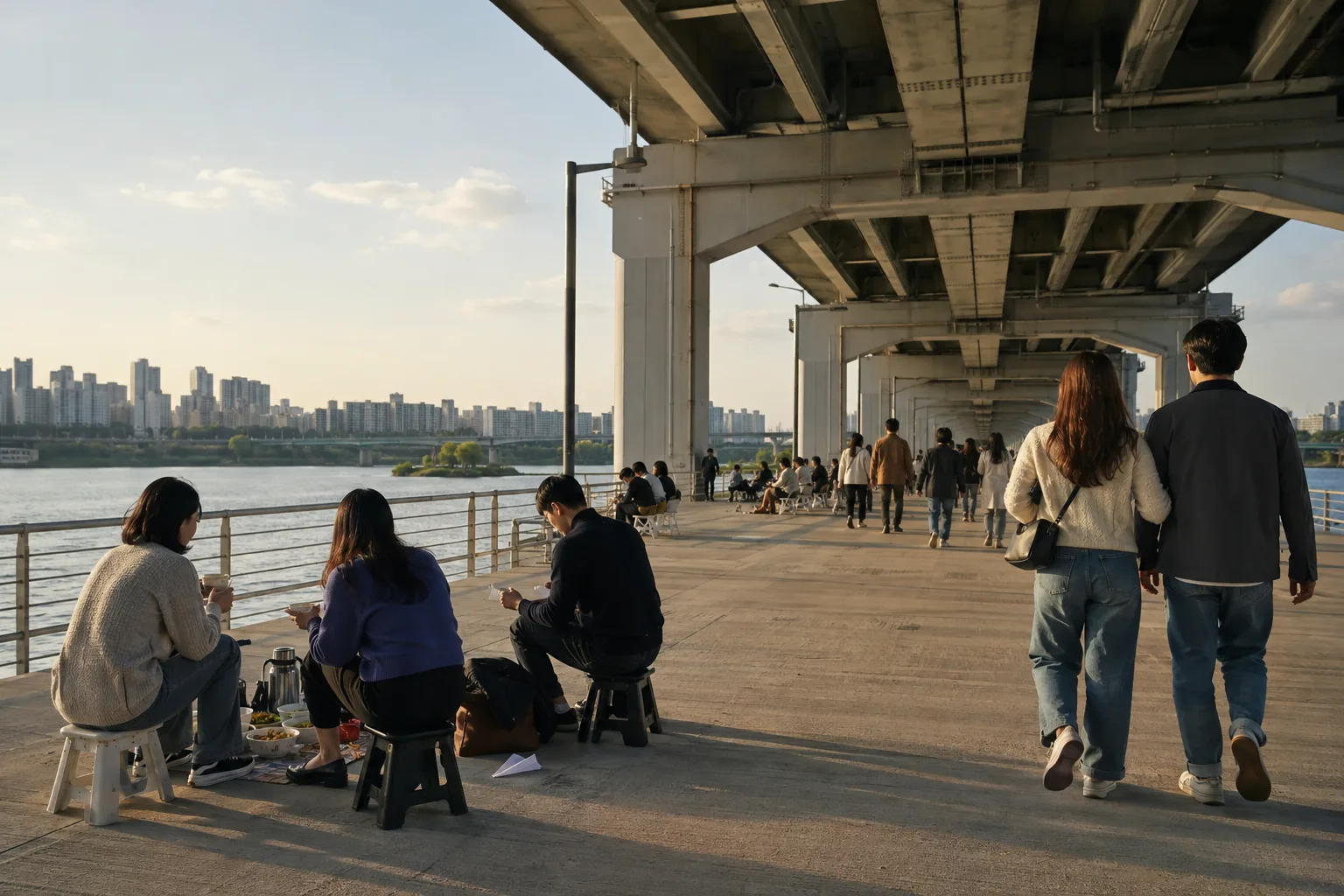 AI-generated editorial view of fictional adults walking and sharing food on a generic low riverside bridge beneath another span in late-afternoon light