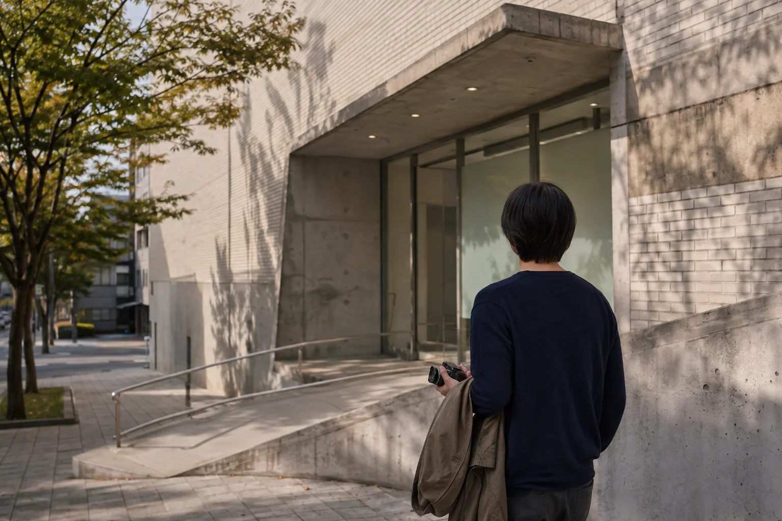 AI-generated editorial view of an anonymous adult holding an unbranded compact camera outside a fictional neighborhood museum