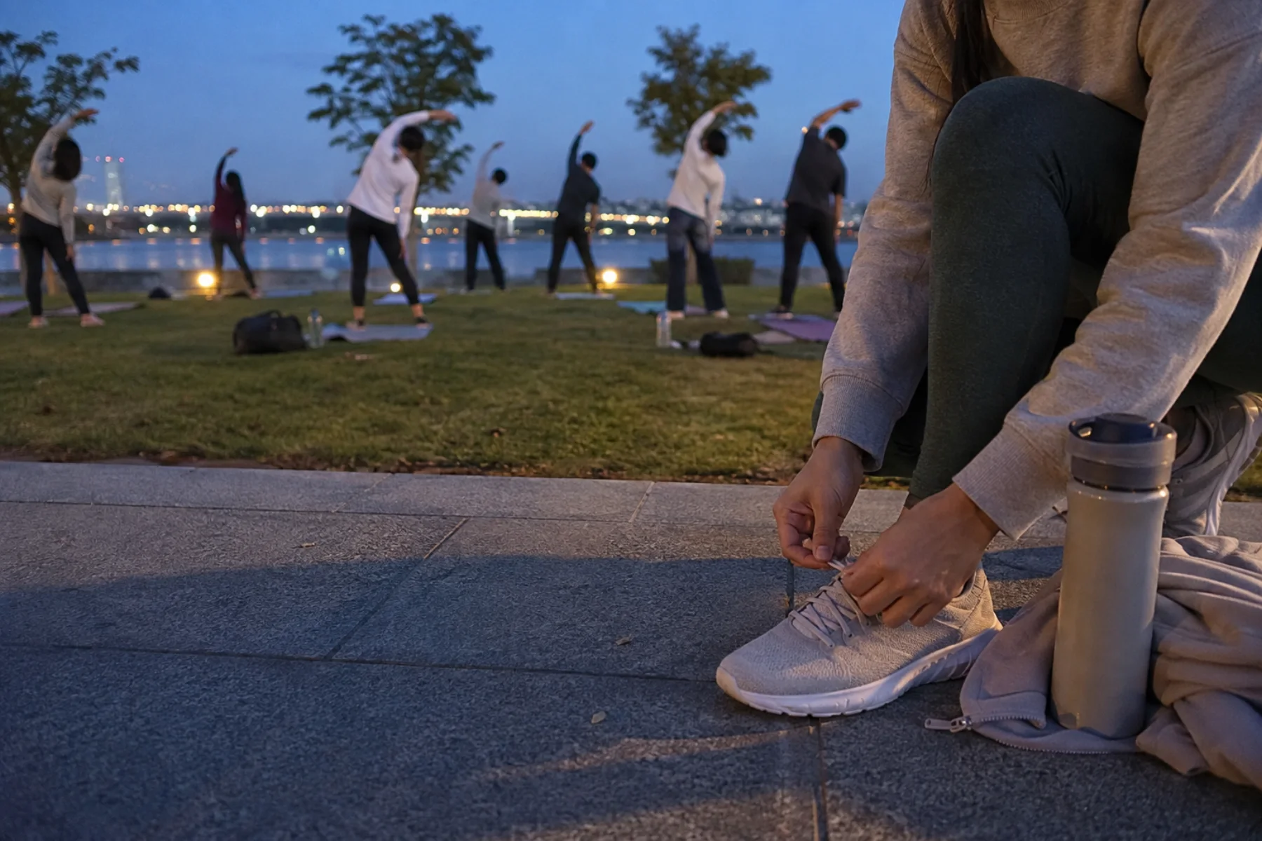 AI-generated editorial view of an anonymous adult tying a sneaker before a fictional riverside group movement session at blue hour