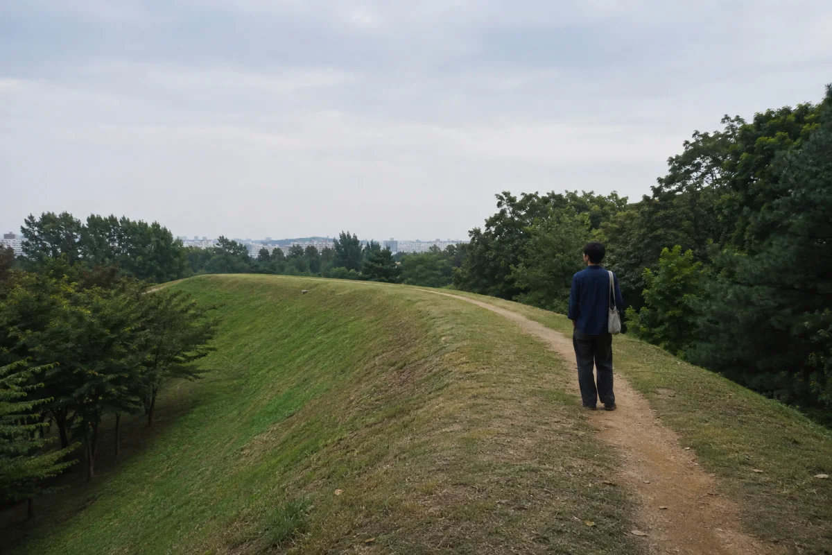 A fictional anonymous adult pauses on a curving grass-covered earthen ridge in a generic urban park