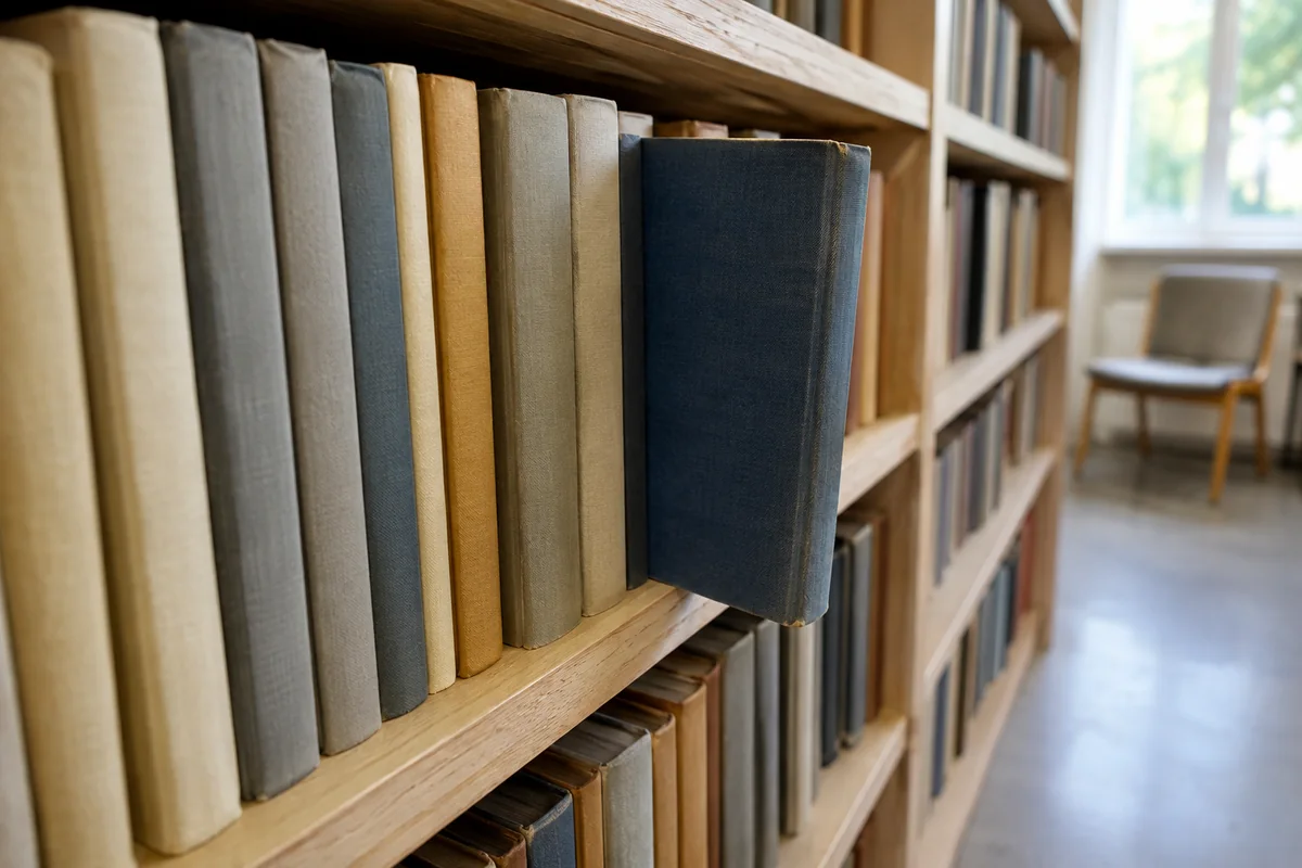 AI-generated illustration of an unmarked blue book drawn forward on a fictional library shelf, not a photograph of Seoul Metropolitan Library