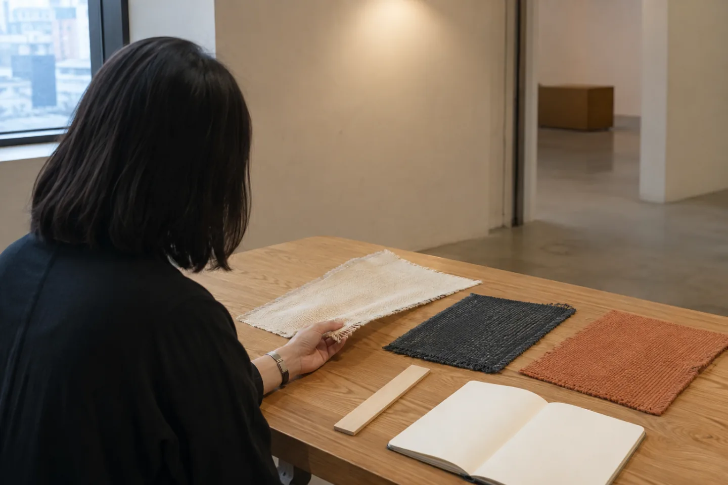 An anonymous adult studies three plain woven fabric samples at a wooden table in a fictional museum room