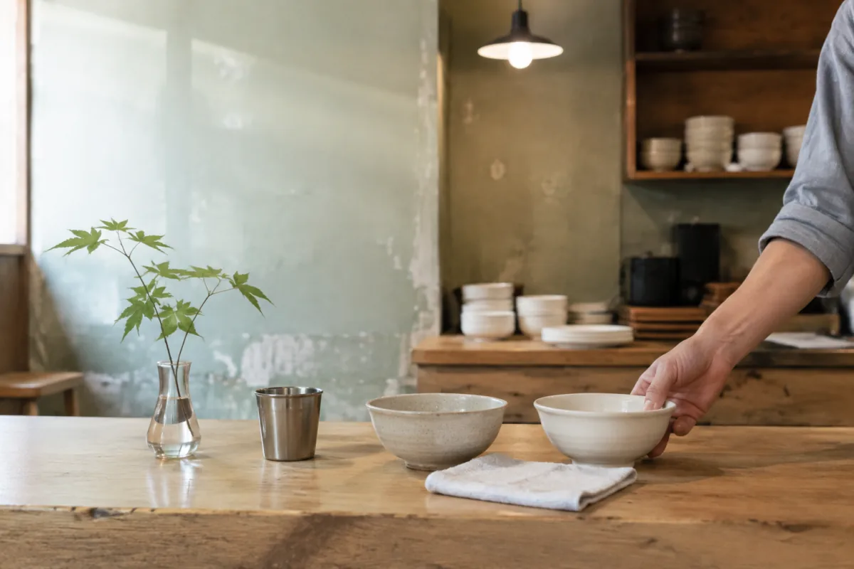 An anonymous hand sets a plain bowl on the worn wood counter of a fictional long-running Seoul neighborhood shop