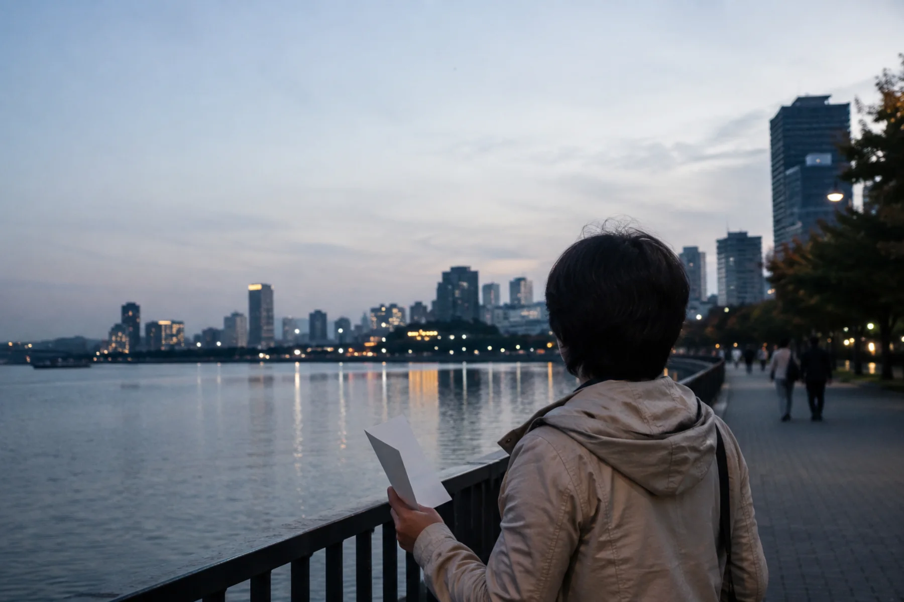 AI-generated editorial view of an anonymous adult holding a blank folded route card beside a fictional riverside path at blue hour