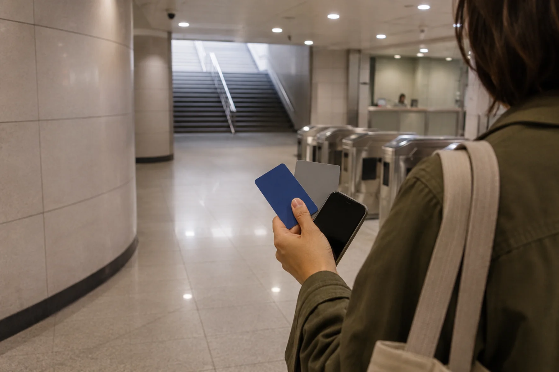 AI-generated editorial view of an anonymous adult comparing two blank transit-sized cards in a fictional metro concourse