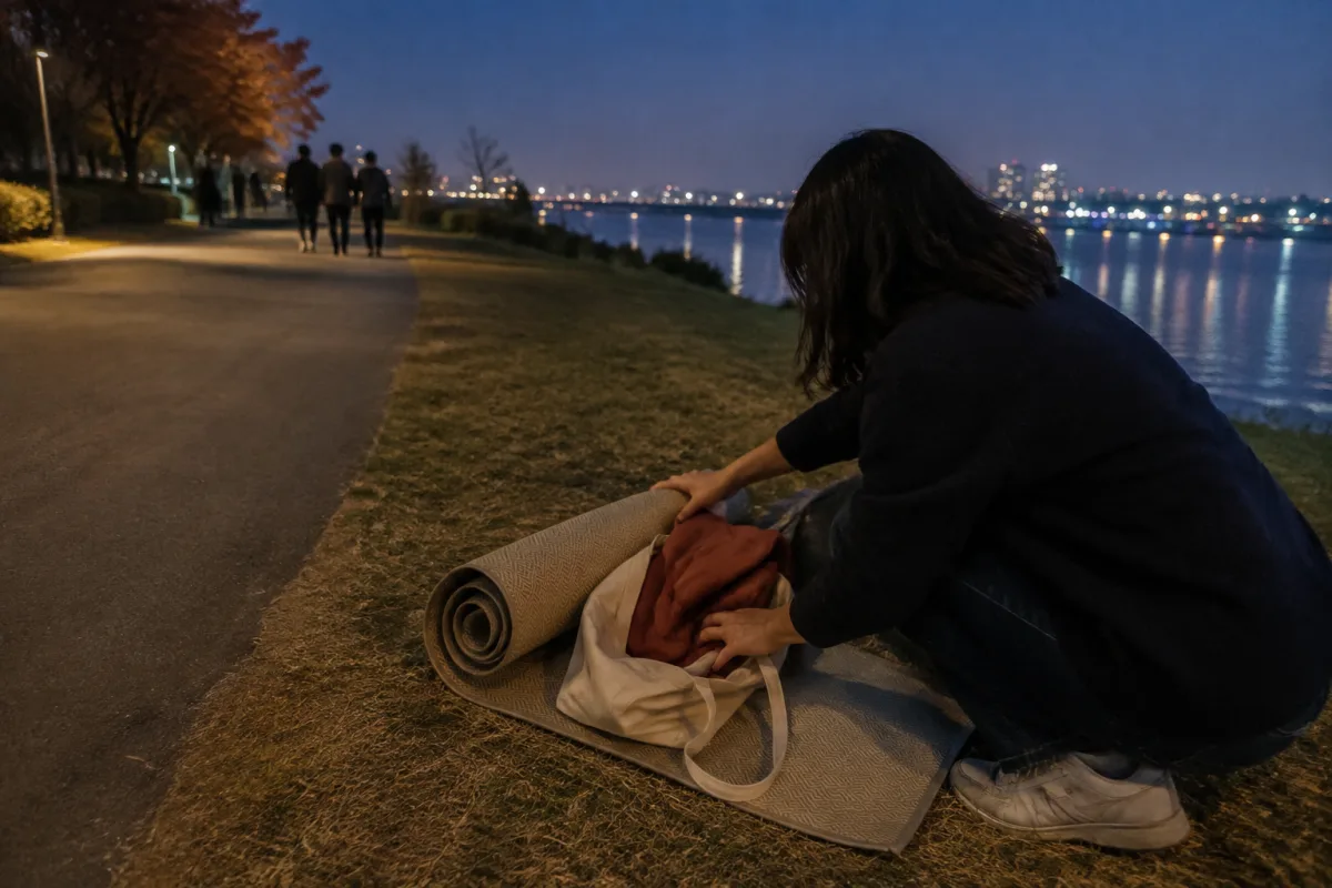 A fictional adult rolls a picnic mat beside a generic city river at blue hour