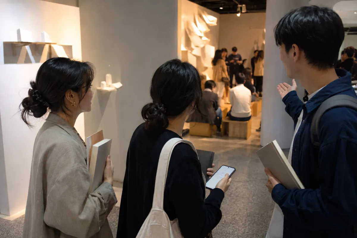 Three fictional adult visitors with plain books pause at the entrance to a generic contemporary gallery gathering