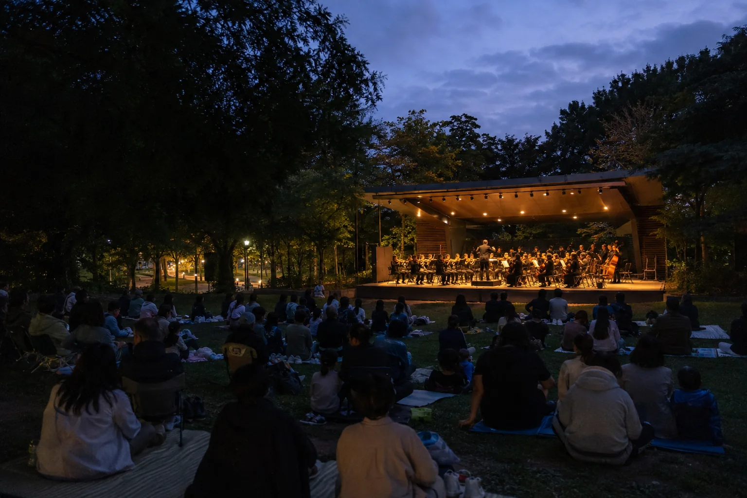 AI-generated editorial view of anonymous visitors watching a generic orchestra perform on an unbranded forest stage in a Seoul-like park at blue hour