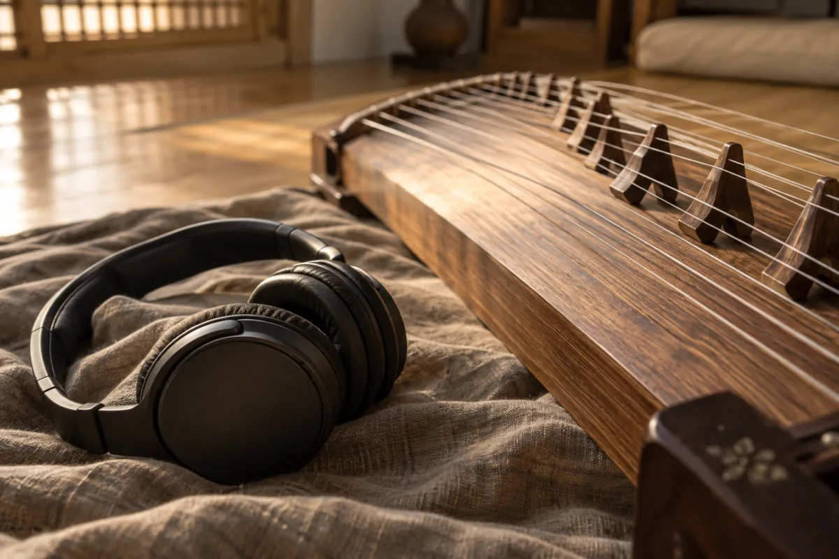 Conceptual illustration of headphones beside a traditional string instrument; not GXG documentary photography.