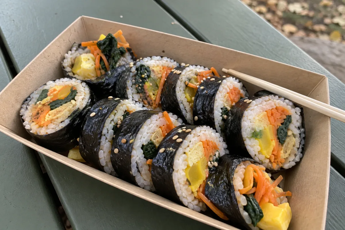 Conceptual illustration of gimbap in a picnic tray; not a confirmed festival vendor product.