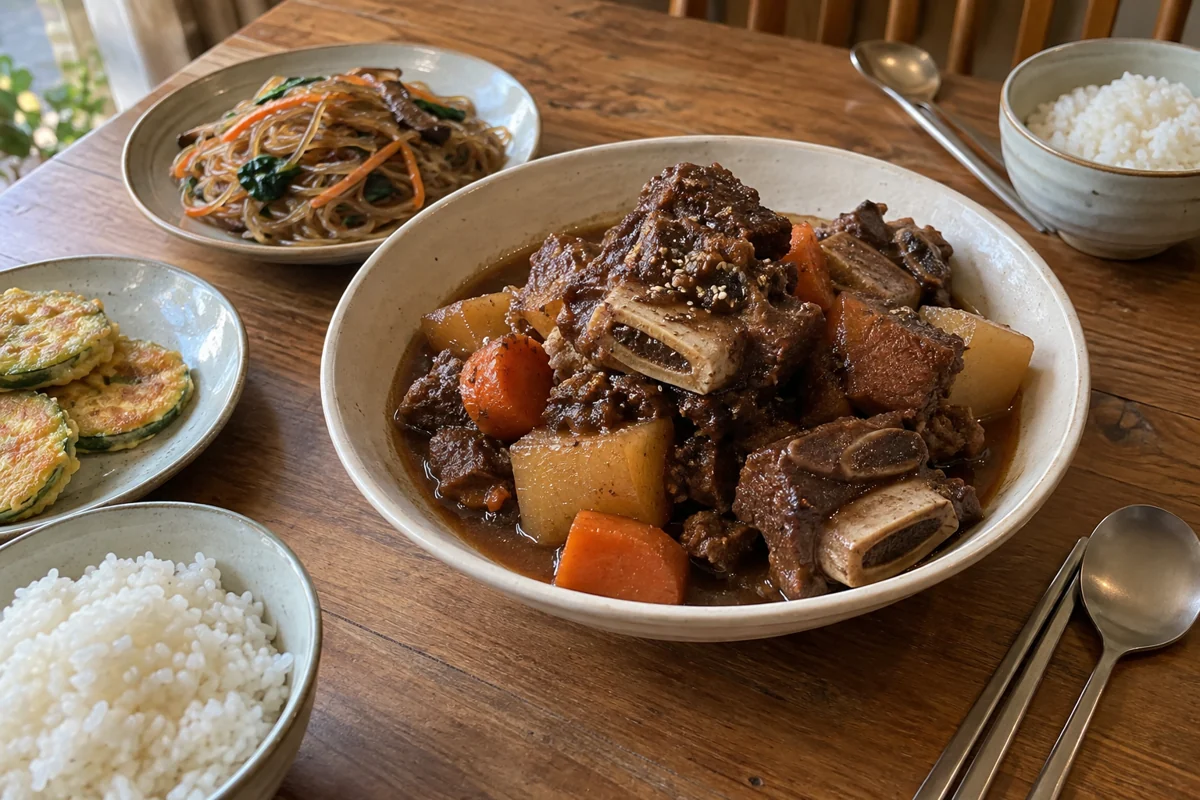 Illustrated Korean dinner with braised beef ribs, glass noodles and zucchini jeon on a wooden table.