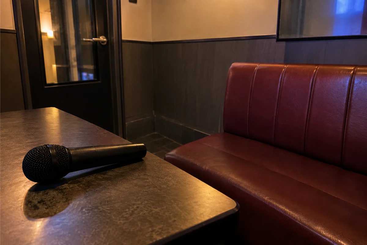 A plain microphone on a table beside an empty burgundy bench in an imagined singing booth.