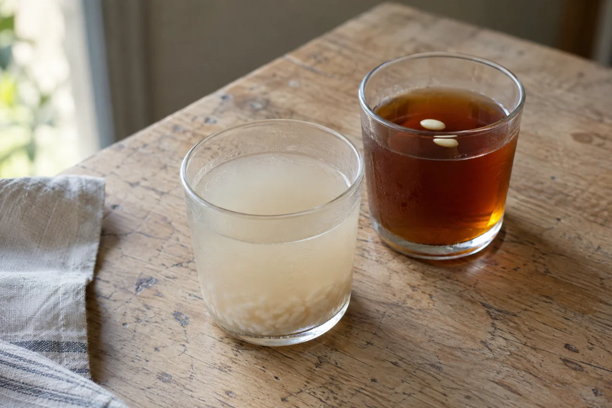 Two glasses of rice punch and cinnamon-ginger punch on an imagined cafe table.